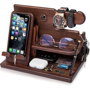 Wood Phone Docking Station Ash Key Holder Stand Watch Organizer Men